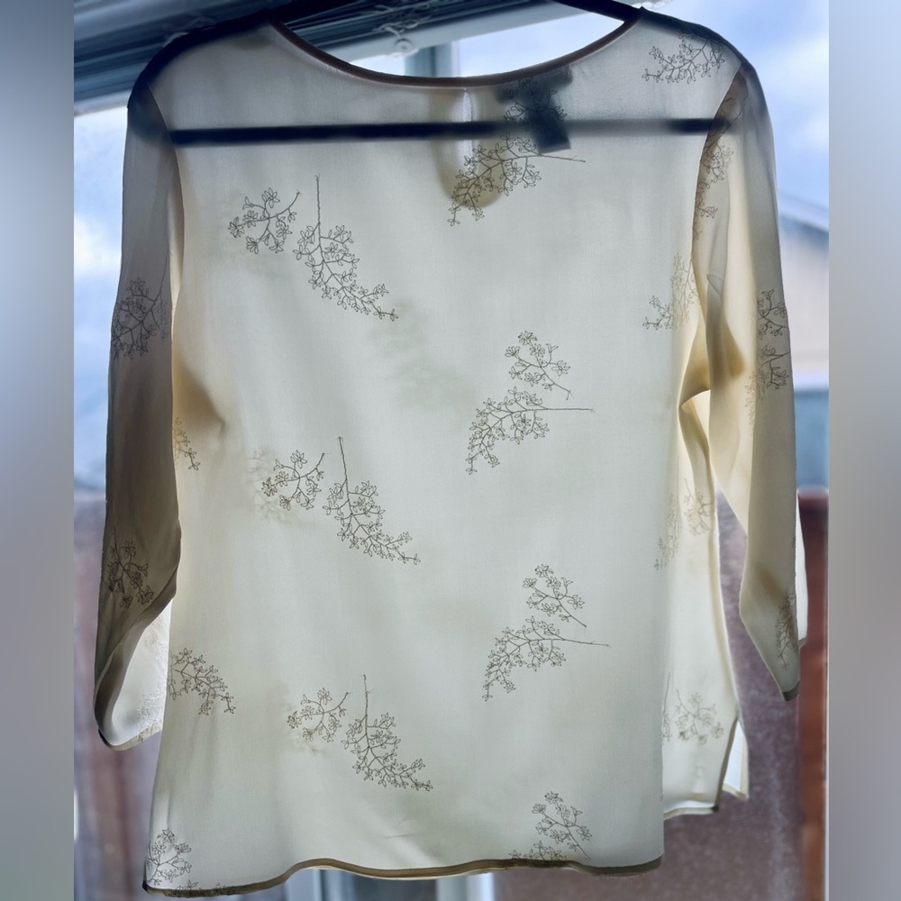 Sheer Cream 100% Silk Blouse with Embroidered Floral Details size medium